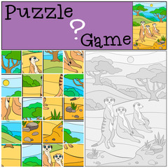 Education game: Puzzle. Three little cute meerkats.