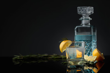 Cocktail gin-tonic with lemon slices and twigs of rosemary.