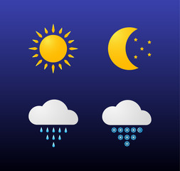 Modern weather icons set. Flat vector symbols on dark background. Sun, moon, stars, clouds, rain, snow.