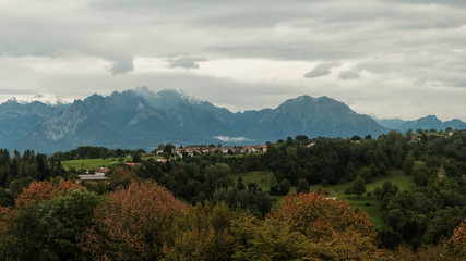Fototapeta na wymiar Dolomiti mountains panorama. Zumelle Castle, Mel, Belluno, Italy. August 2018