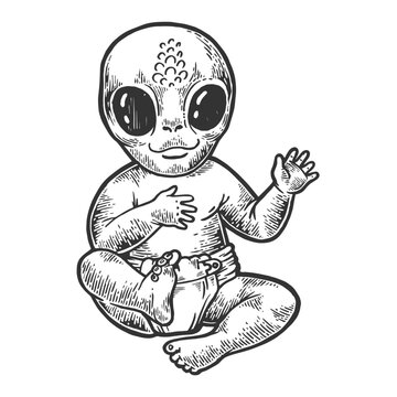 Alien baby kid in diaper napkin sketch engraving vector illustration. Scratch board style imitation. Black and white hand drawn image.