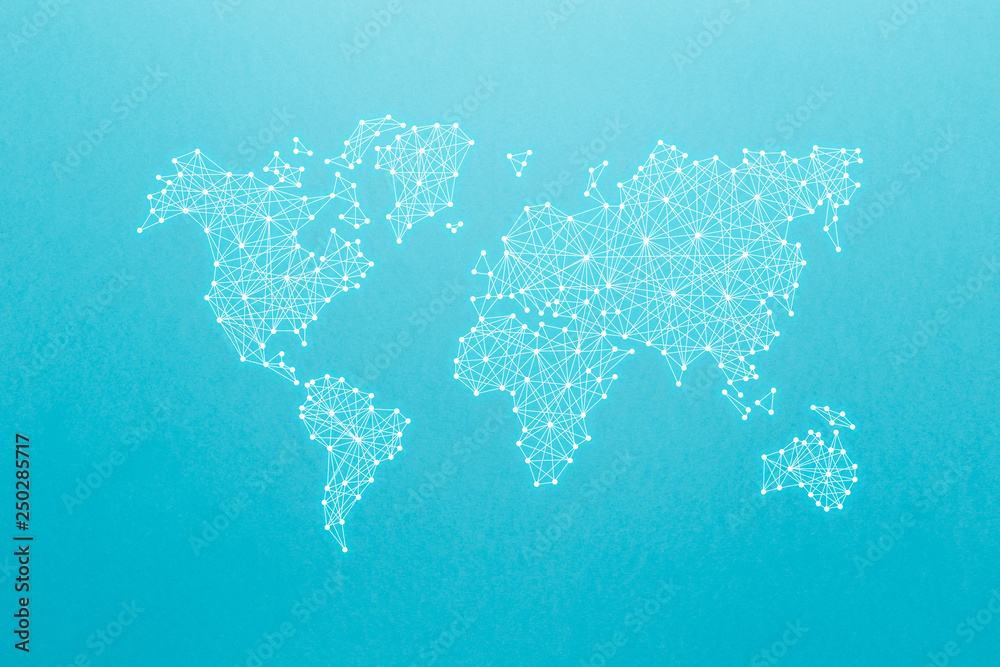 Wall mural world map on the principle of neural networks on the blue background. world community and network. a