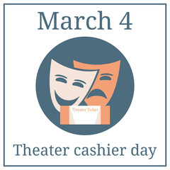 Theater cashier day, March 4. March holiday calendar. Theater masks isolated on white background. Theater logo, icon. Vector illustration for your design.