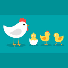 Cute cartoon chickens with their mother hen