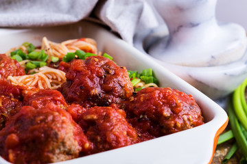 Beef  meatballs with spaghetti in  marinara sauce