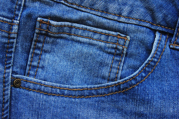Blue denim jeans pocket design with rivets, stitches and seams close up view. Classic fashion jeans pattern, simple canvas of empty light blue denim texture background for copy space or template