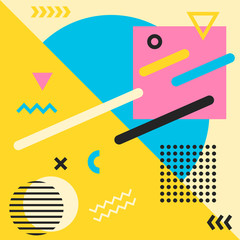 Abstract colorful memphis style background with geometric different shapes