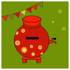 Red Samovar with yellow floral ornament. Educational cards or greeting cards. fair attributes Vector illustration