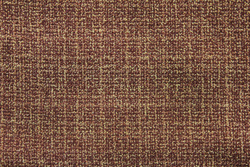 Fabric Texture Background of Multicolored Cloth Pattern of Old Vintage Carpet or Rug. Linen Material of Dark Brown and Light Yellow Color, Woven Backdrop Close Up Top View 