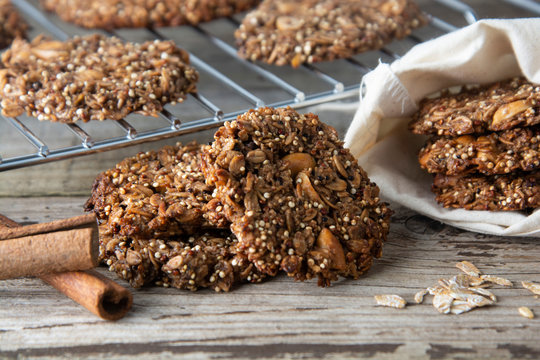 Homemade Cookie With Oat Flakes, Nuts And Quinoa. Wholegrain Cookies. Healthy Snack Or Dessert.