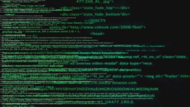 Program code moving on a computer screen, cyber security, computer hacker
