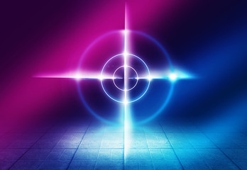 Futuristic abstract background. Empty room background, concrete. Neon blue pink light smoke. Laser...
