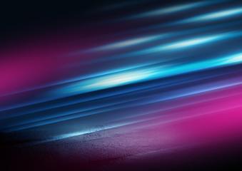 Background of empty room with concrete pavement. Blue and pink neon light. Smoke, fog, wet asphalt with reflection of lights