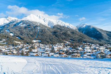 Winter landscape with with snow covered Alps in Seefeld in the Austrian state of Tyrol. Winter in Austria