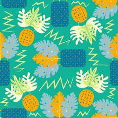 Collage contemporary floral seamless pattern. Modern exotic jungle fruits and plants. Creative design leaves pattern, hand drawn watercolor vector illustration. Monstera print © elenaverhoturova