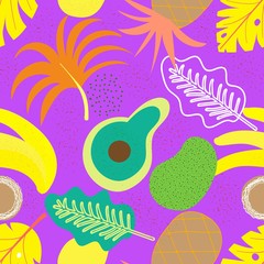 Collage contemporary floral seamless pattern. Modern exotic jungle fruits and plants. Creative design leaves pattern, hand drawn watercolor vector illustration. Monstera print © elenaverhoturova
