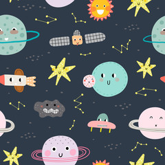 Seamless pattern with cute planet, star and ufo. Vector illustration for children. Trendy kids vector background.