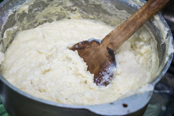 Ghomi, popular dish from Samegrelo region made of white coarse cornmeal, in big kettle
