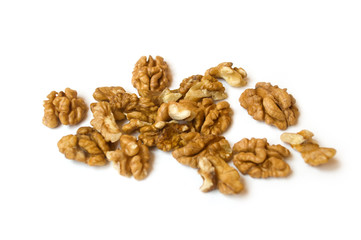  walnuts on a white background.  banner about diet and healthy eating