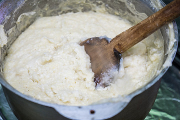 Ghomi, popular dish from Samegrelo region made of white coarse cornmeal, in big kettle