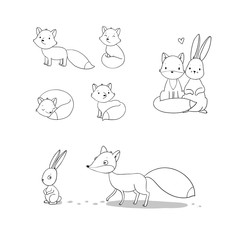 Cute cartoon fox and hare. Fairy tale characters