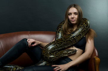 sexy woman and python in studio