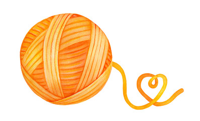 Bright and colourful wool yarn ball with playful heart-shaped end of thread. One single object. Handdrawn water colour graphic drawing on white background, cutout clip art element for creative design.