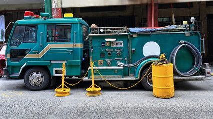 Green fire engine-truck of the N.Binondo Fire Prevention Association. Chinatown-Manila-Philippines-1007