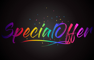 Specialoffer Word Text with Handwritten Rainbow Vibrant Colors and Confetti.
