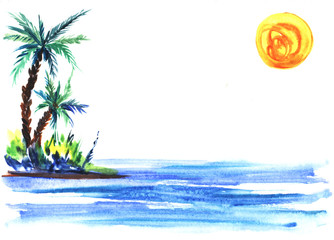 Fototapeta na wymiar sketch illustration of a green island with lush bushes and palm trees in blue sea waters.Under round yellow sun Hand-drawn watercolor illustration.
