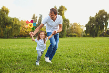 Fototapeta premium happy family father and child run on meadow with a kite in the summer on the nature