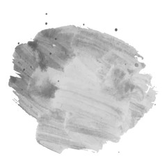 Gray watercolor spot with droplets, smudges, stains, splashes. Grayscale blot in grunge style.