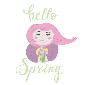 Girl portrait smelling flower bouquet and handwriting lettering hello spring