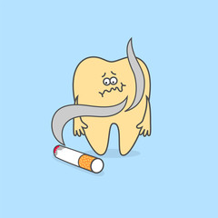 Cartoon tooth with cigarette. Yellowing teeth and other discoloration. Dental care concept.