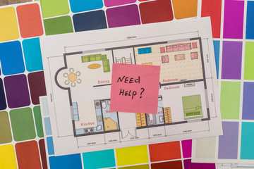 Fototapeta na wymiar House plan with colour swatches and 'need help' text