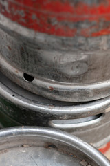 Stacked beer barrels awaiting collection and return to the brewery