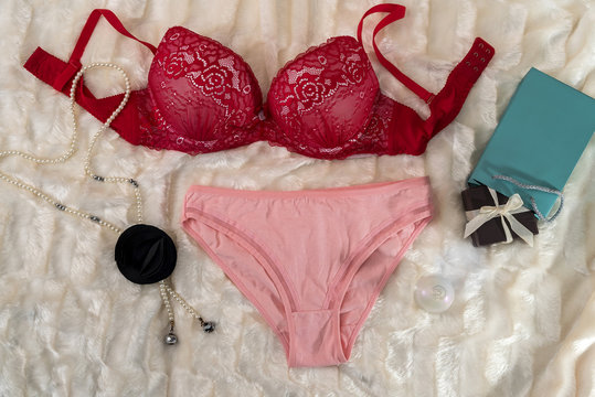 Beautiful female underwear with gift box and perfumes