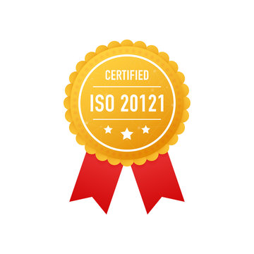ISO 20121 certified golden label on white background. Vector illustration.