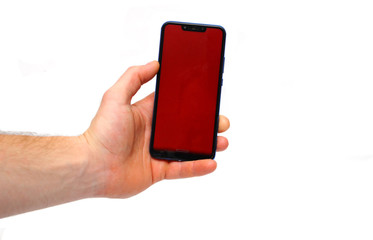smartphone with a red screen in hand
