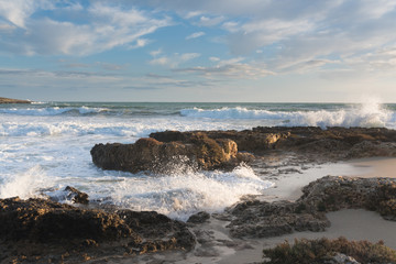 Fototapeta na wymiar sea storm waves on the stone shore