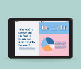 Flat vector of tablet with graphic information about company growth