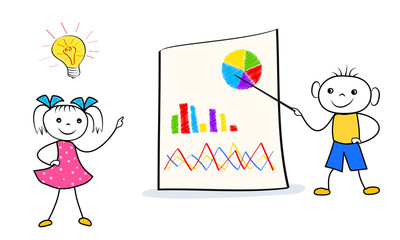 Cartoon boy and girl presentation of innovative business idea at flip chart. Doodle style conference design isolated on white background. Vector illustration
