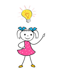 Doodle girl with innovative idea light bulb. Cartoon vector illustration