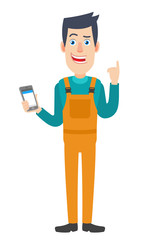 Worker with mobile phone and pointing up