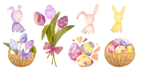 Watercolor drawn set with elements of happy easter. Rabbit, eggs, all isolated on white. for invitation, greeting cards