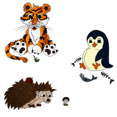 A set of cartoons  of colored  of different animals: a kitten, a dog with a bone, a rabbit with carrots, a bear with honey. Drawings made in the style of freehand drawing.