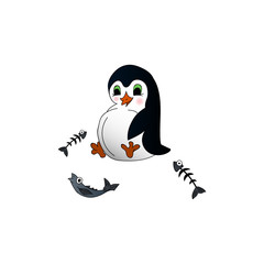 A well-fed penguin sits and looks at the fish, the bones of eaten fish lie nearby. Animal drawn in cartoon style. Vector illustration made in the style freehand drawing. Color animal picture