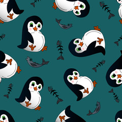 Animals, seamless pattern with  a full penguin with a fish and bones from the fish. The drawing in the style of hand drawn. Turquoise  Background. 