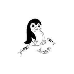 A well-fed penguin sits and looks at the fish, the bones of eaten fish lie nearby. Animal drawn in cartoon style. Vector illustration made in the style freehand drawing. Black and white animal picture