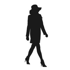 Lady walking in hat and coat, isolated vector silhouette, side view